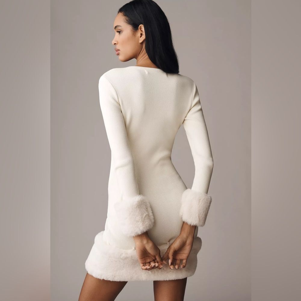 NWT Delfi Collective Faux Fur-Trim Long-Sleeve Mini Sweater Dress - Picture 2 of 4
